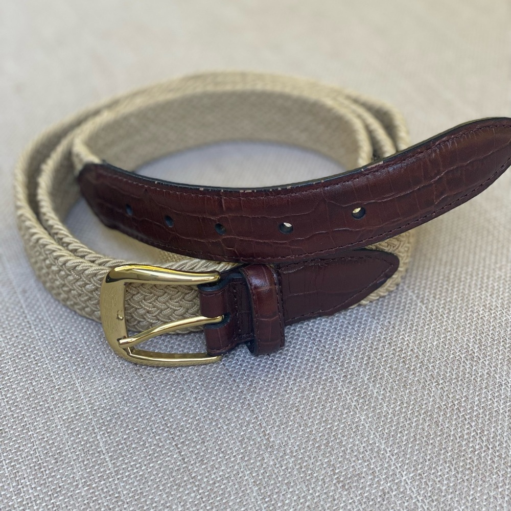 Men's woven Braided Tan and Brown Leather Belt 54/56 Brass buckle